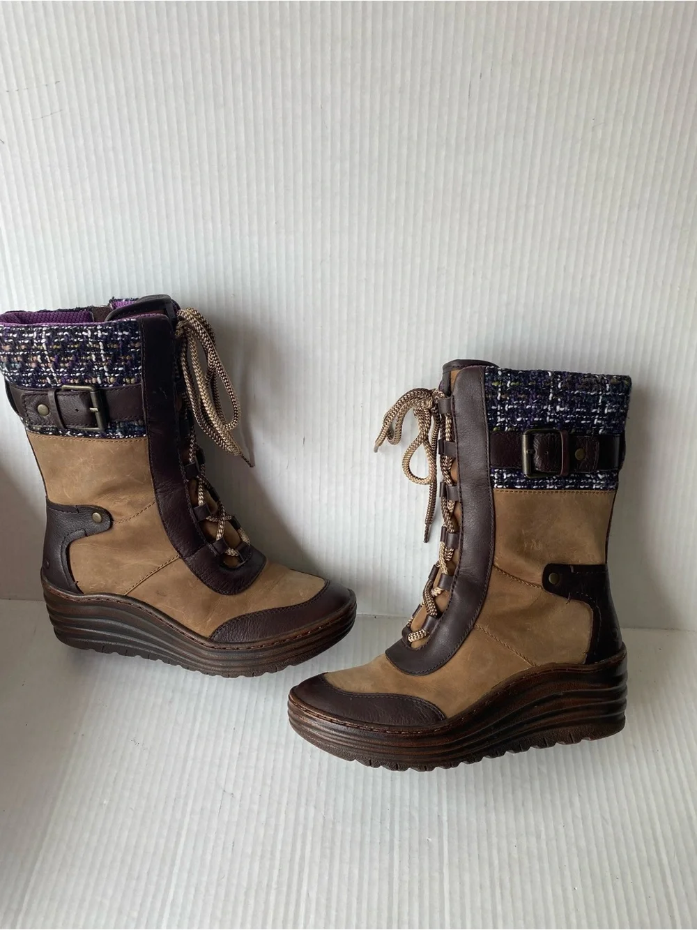 BIONICA Garland Brown Leather Purple Tweed Wedge Snow Boot 6.5 Gorpcore